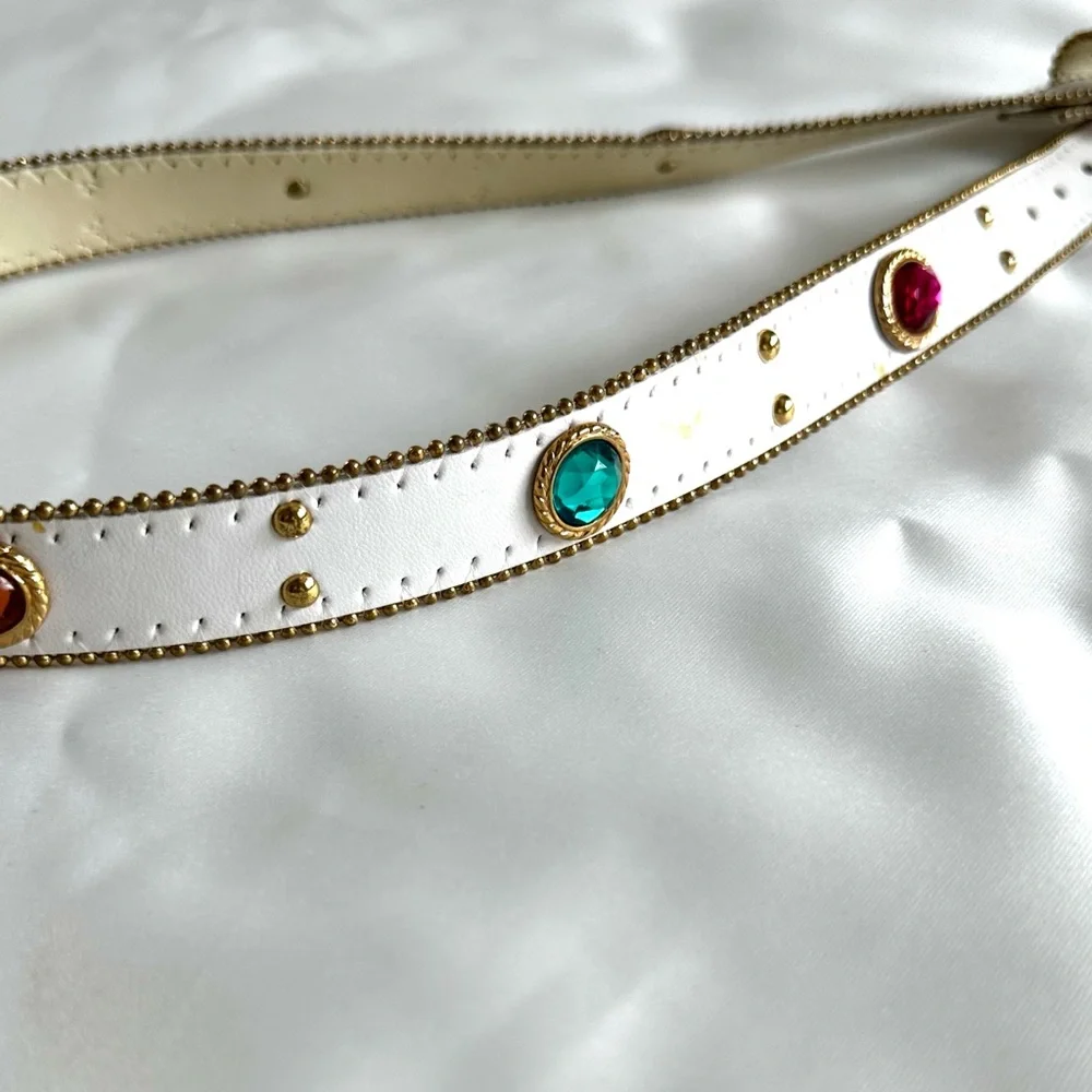 Vintage early 1990s Synthetic Jewel Embellished White Leather Waist Belt -Large